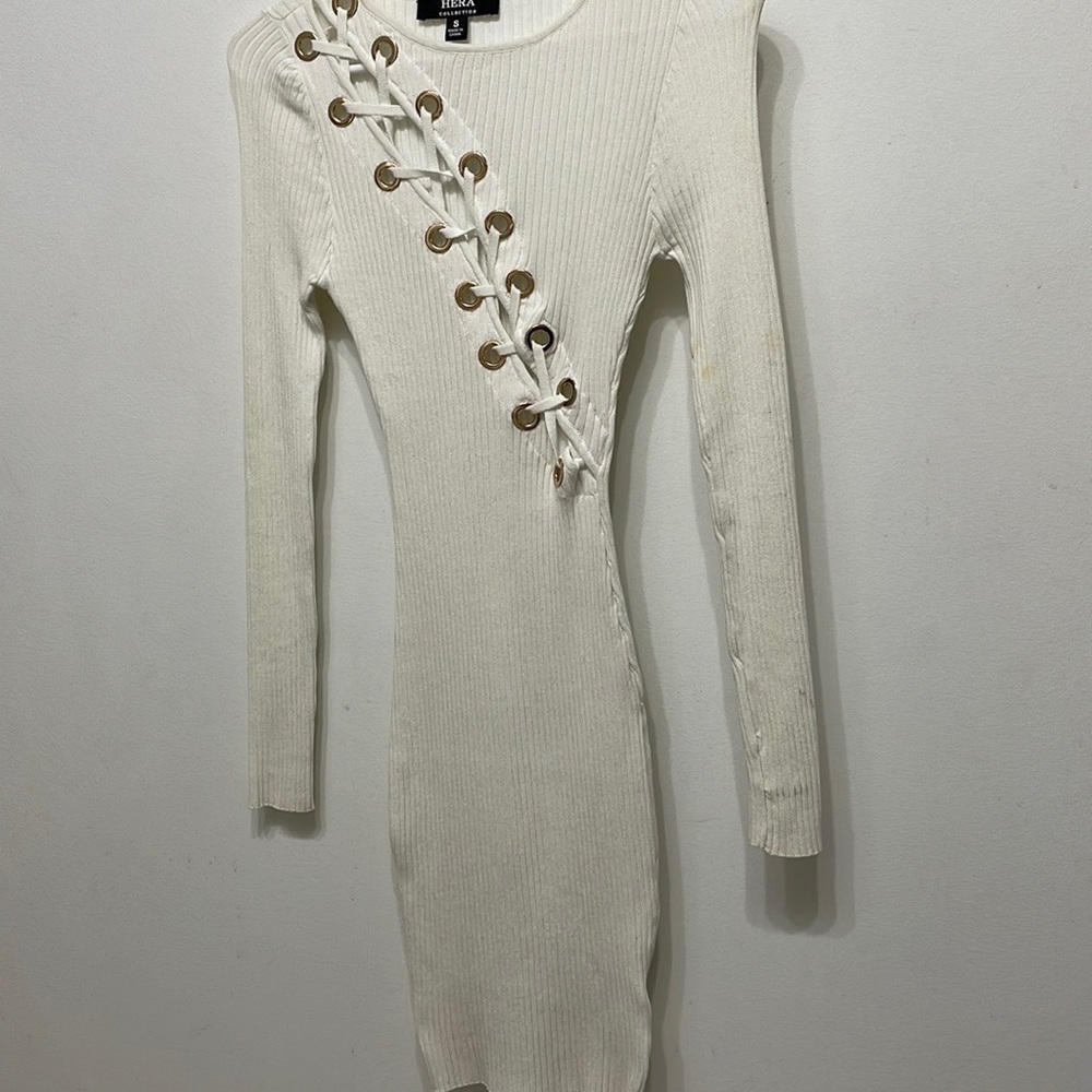 Off white, open angle front, laced white dress.